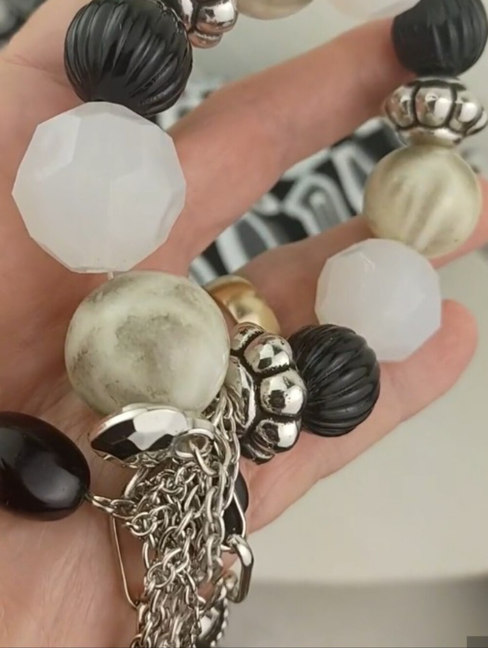 Juicy Meets Betsey! Black White Faceted Marbled & Silver Beaded Tassel Bracelet